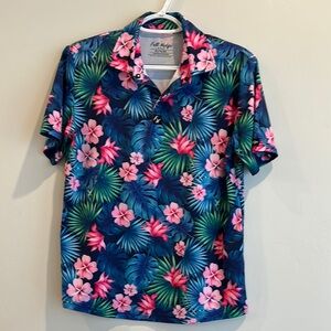 Tropical Floral Kids Polo Shirt - Blue and Pink